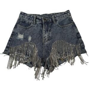 WINDSOR Denim Shorts Womens XS Blue Rhinestone Fringe Festival High Rise Hem
